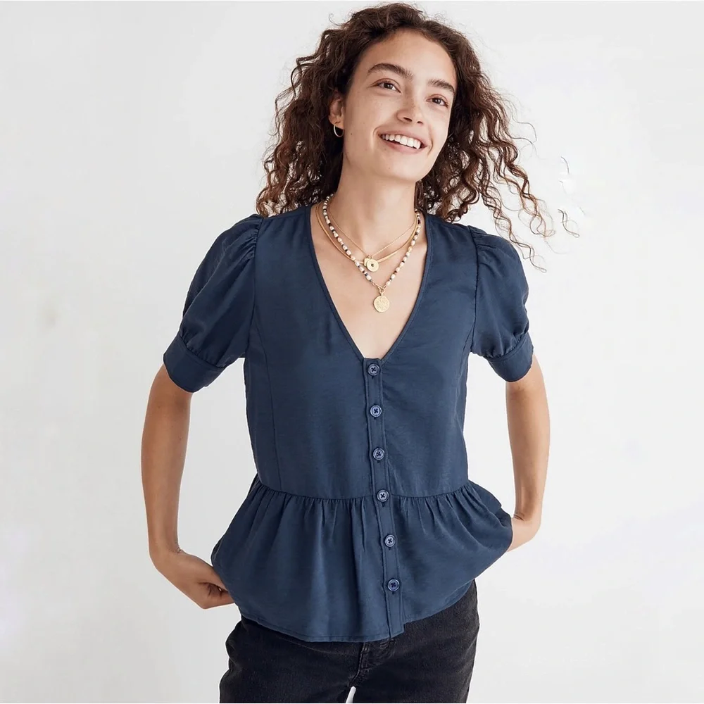 Madewell Drapeweave Puff-Sleeve Peplum‎ Top